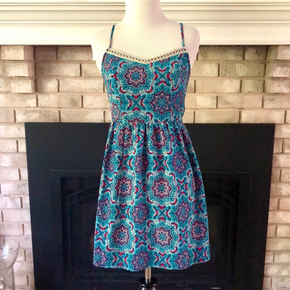 Three Pink Hearts Teal Crisscross Back Sundress size XS